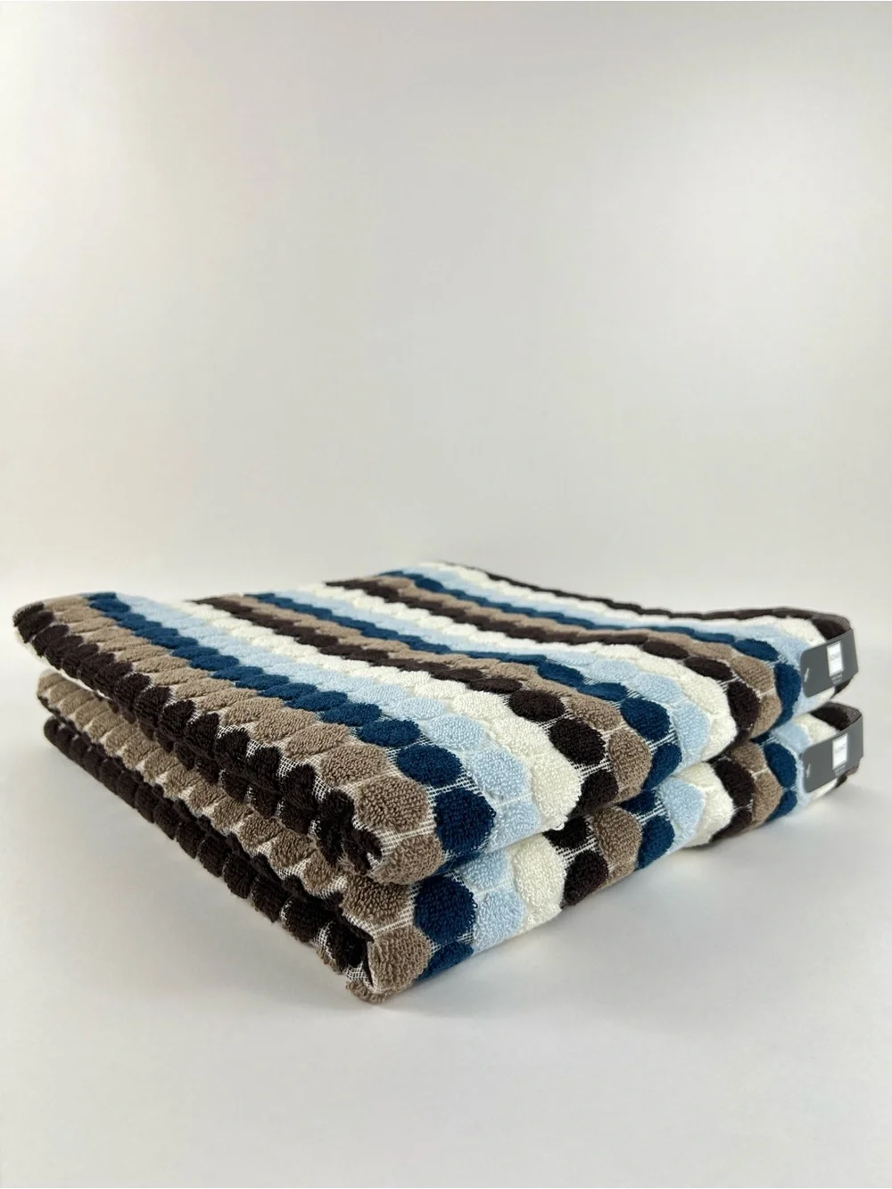 Soho Living Bath Towel Dots and Stripes Brown Blue White Soft Cotton 2 Pc NEW